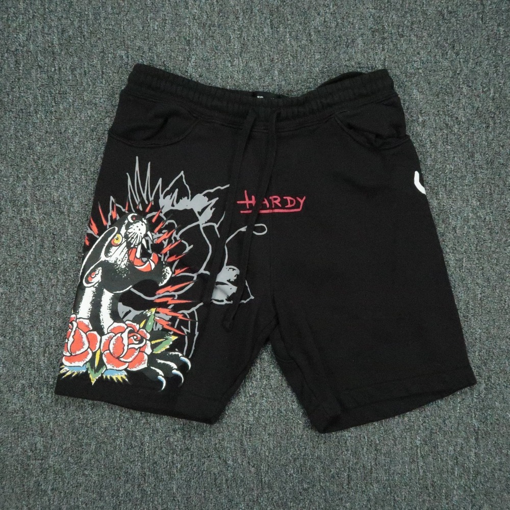 Ed Hardy Shorts Mens Small Black Panther Roses Sweat Graphic Tattoo Print